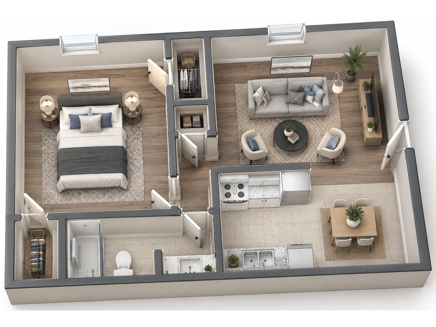 3D floor plan of the one bedroom apartment at Quail Creek — bedroom, living room, kitchen and dining area