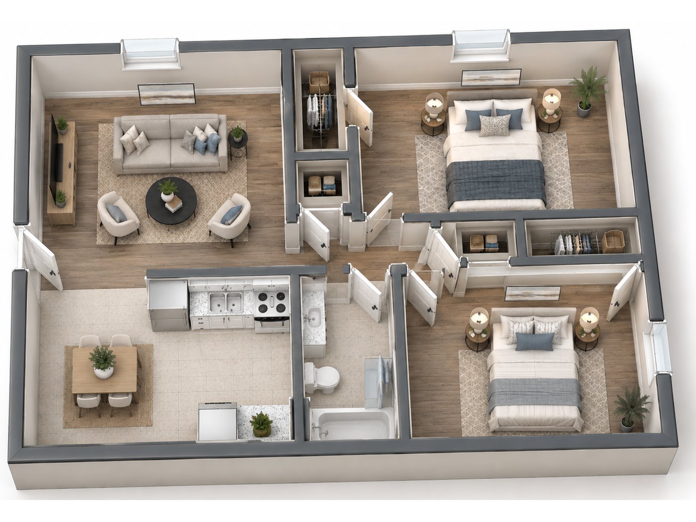 3D floor plan of the two bedroom apartment at Quail Creek — two bedrooms, living room, kitchen and dining area